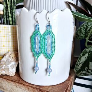 Aquamarine Gemstone Beaded Dangle Earrings, 3"